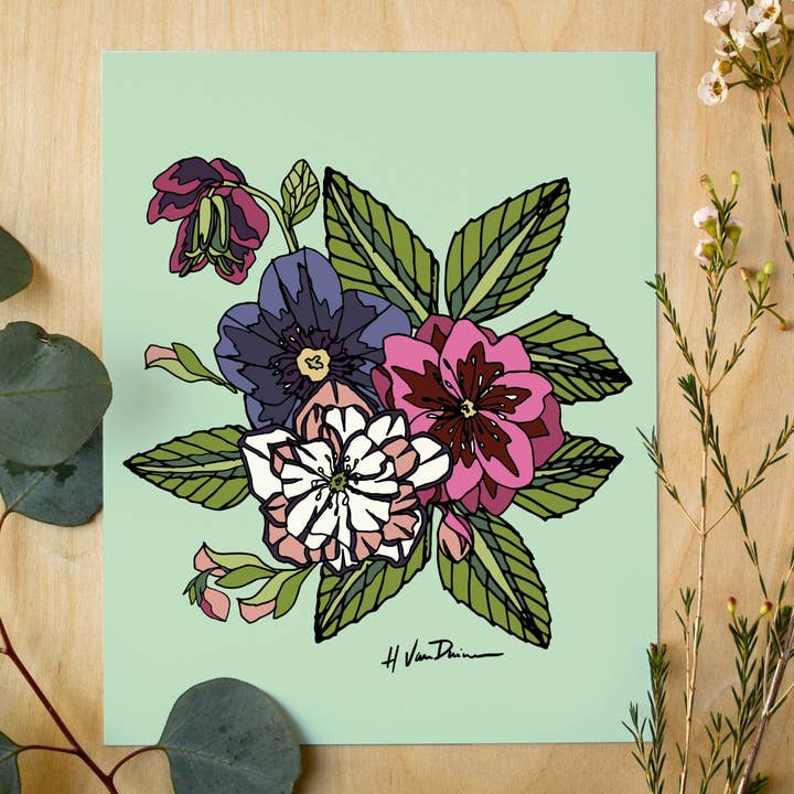 Hellebore Bouquet 8"x10" Print for wholesale by Birds & Blossoms
