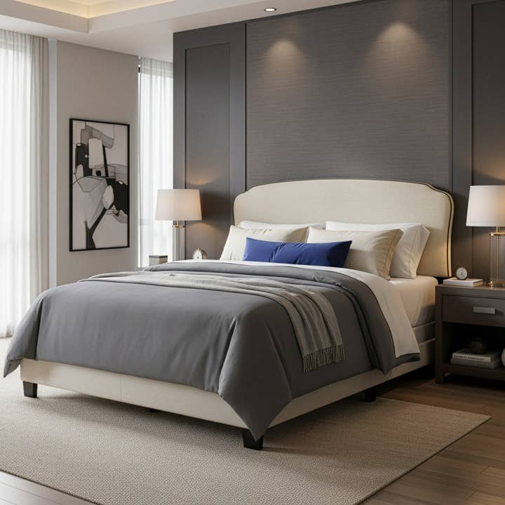 Glamour Home - Wholesale Bed - Aric Beige Fabric Queen Bed with Contrasting Piping Accent1