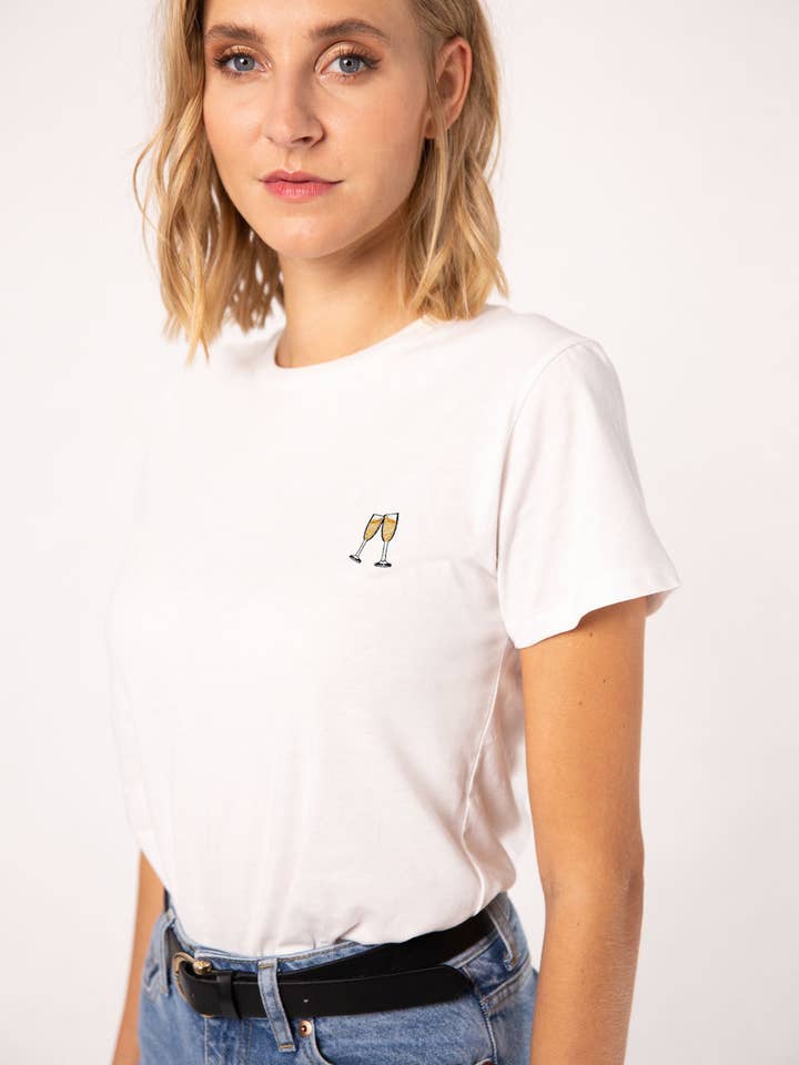 Espumante | T-shirt de algodão orgânico para mulher bordada por atacado de Fashion Drinks