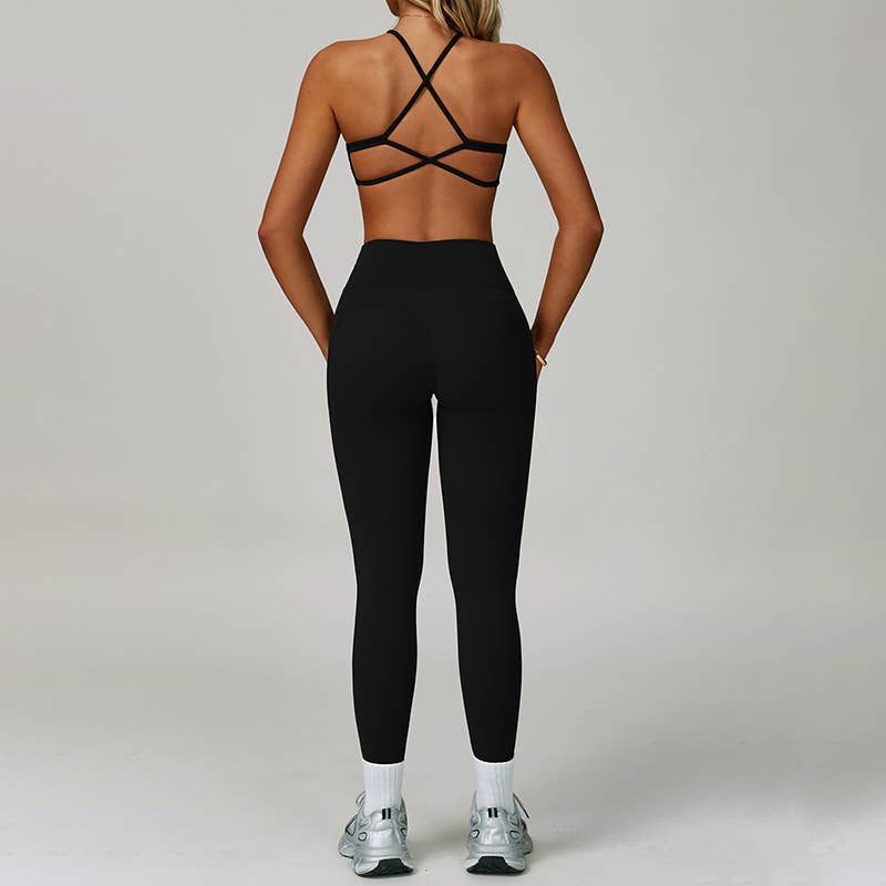 WONDERXFANS – Engroshandel Activewear-sæt – til kvinder – Krydsryg Sports-BH + Højtaljede leggings 2-delt sæt1