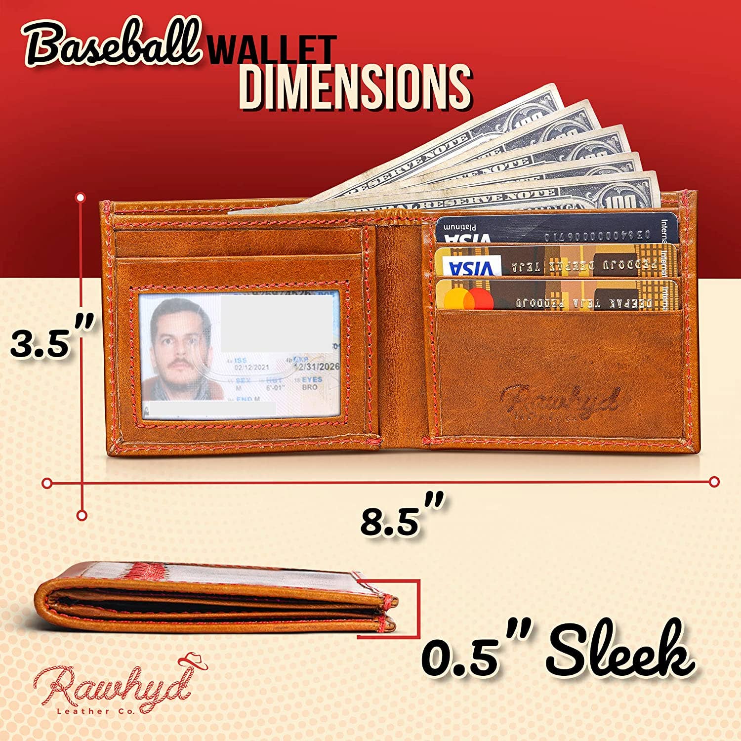 RAWHYD Leather Co. - Wholesale Wallet - Men's - RAWHYD - Baseball Stitch Bi-fold Leather Wallet - 3 4/8" x 4 5/8"3