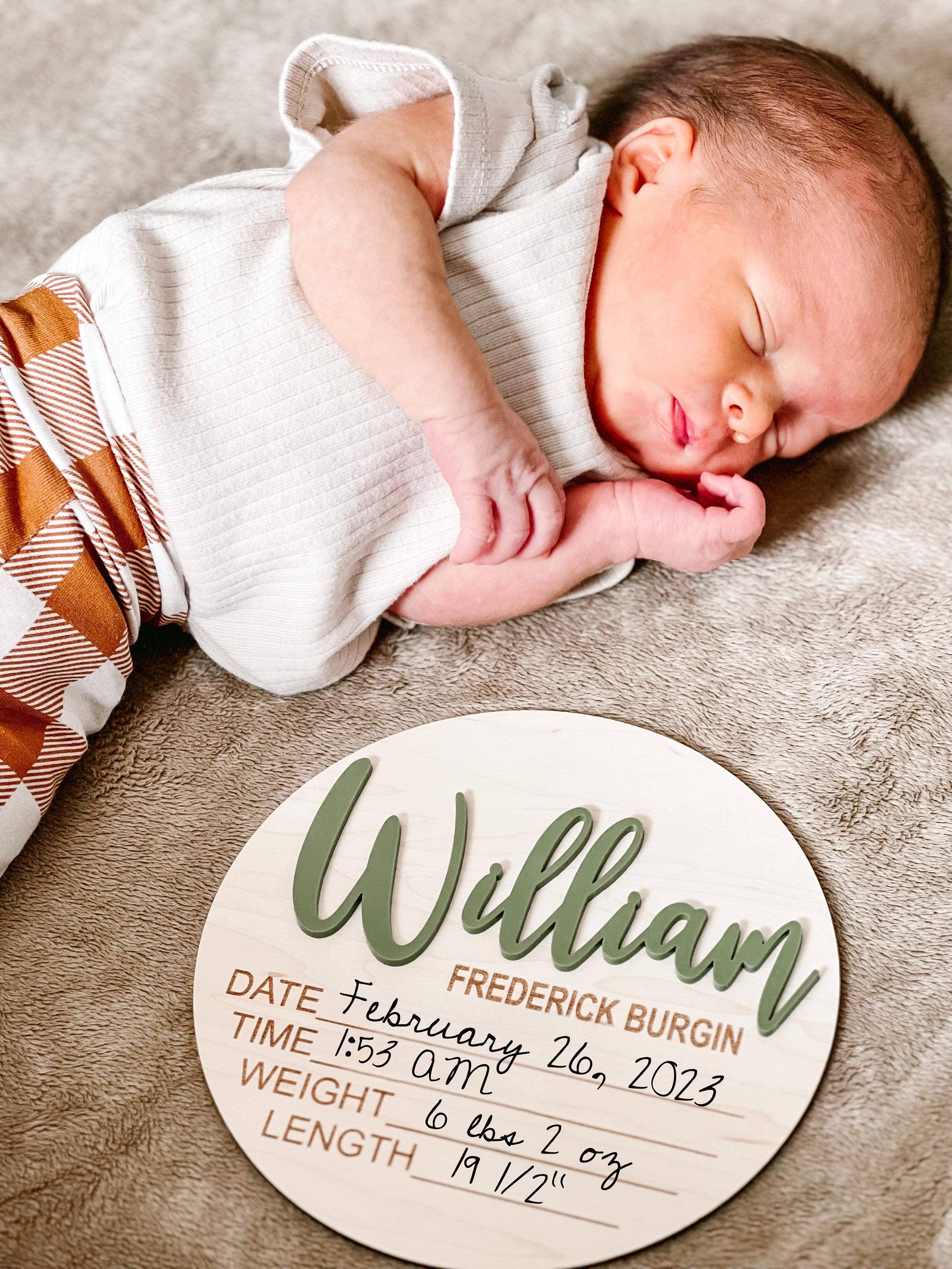Claire and Bella - Wholesale Milestone Art/Keepsake - Kids & Baby - CUSTOM NAME Birth Stat Announcement Wood Disc - Layered 3D3