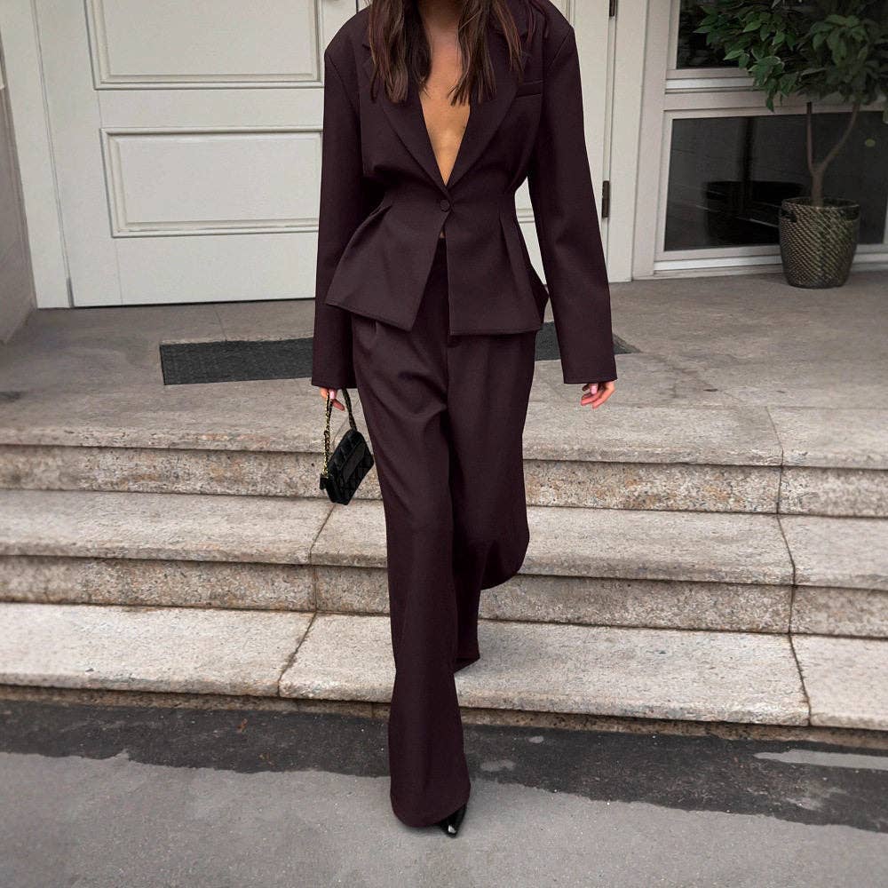 DUNKELBRAUN Tiefes V-Ausschnitt Langarm-Weste Hosenanzug für den Großhandel auf Faire2