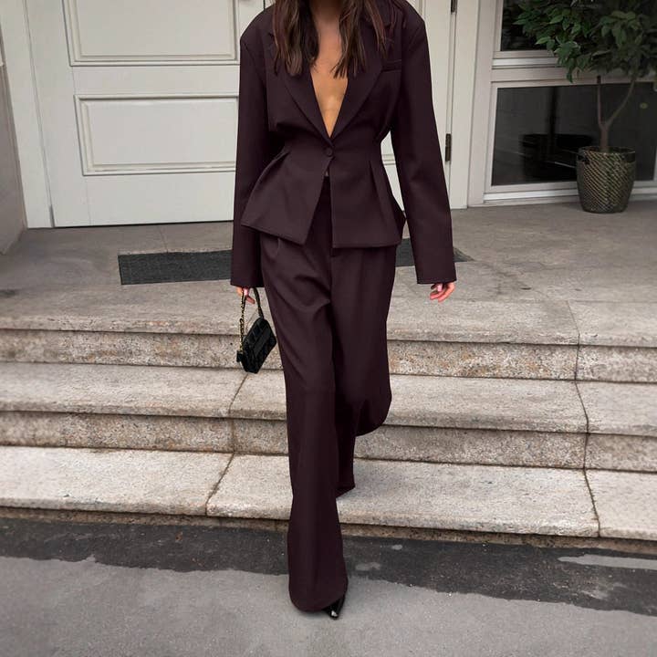 DUNKELBRAUN Tiefes V-Ausschnitt Langarm-Weste Hosenanzug für den Großhandel auf Faire2