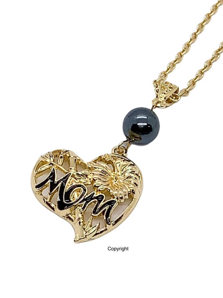 Mom Heart with Hibiscus Flower and Bamboo : Hamilton Gold Necklace with Shell Pearl for wholesale by Anela's Jewelry