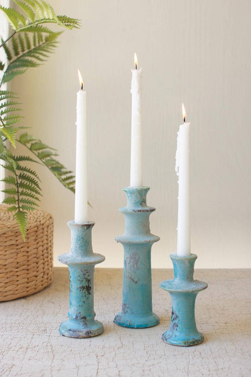 SET OF THREE ANTIQUE BLUE CERAMIC TAPER CANDLE HOLDERS for wholesale on Faire0