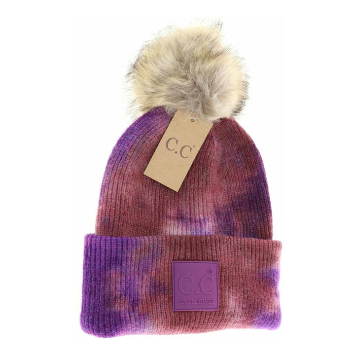 C.C Beanie - Wholesale Beanie - Women's - Tie Dye Fur Pom C.C Beanie HAT7380POM4
