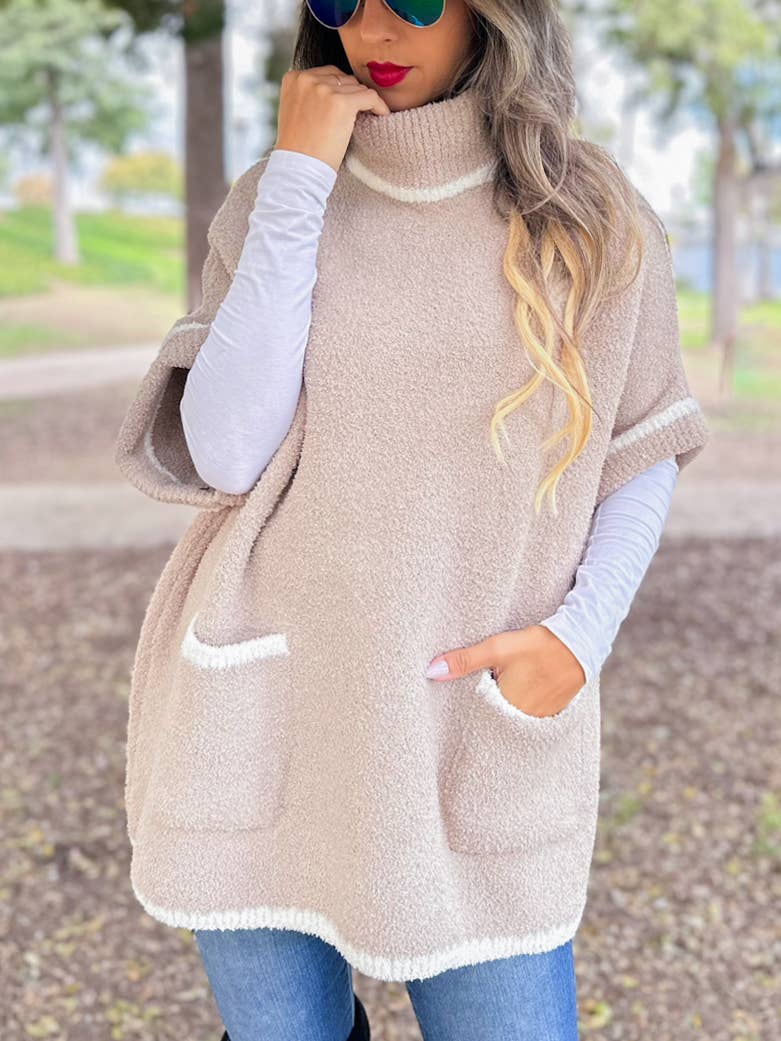  Beige Soft Knit Short Sleeve Cozy Poncho Sweater withPocket for wholesale on Faire4