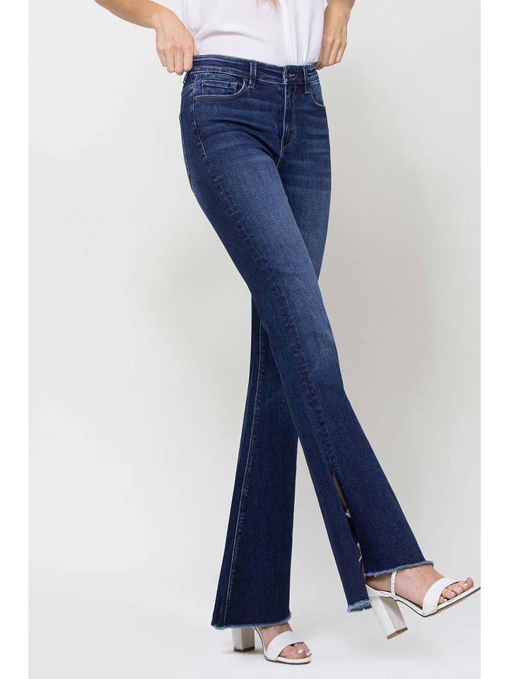 ROLLING IN THE BLUES HIGH RISE SLIT RAW HEM FLARE JEANS F4384 for wholesale on Faire