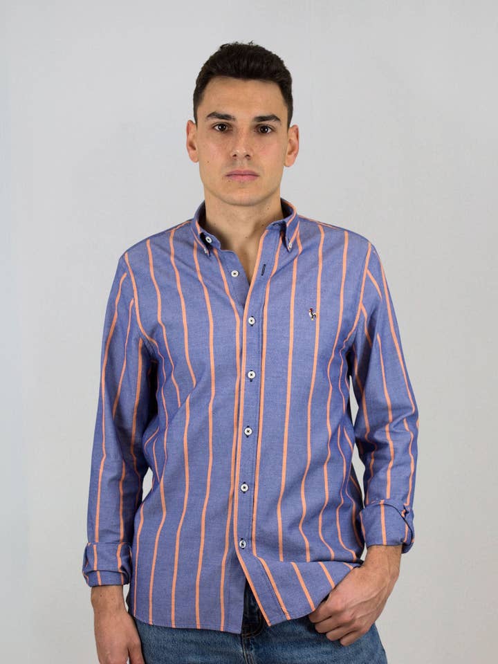 Orange stripe washed oxford shirt for wholesale by Patadegayo