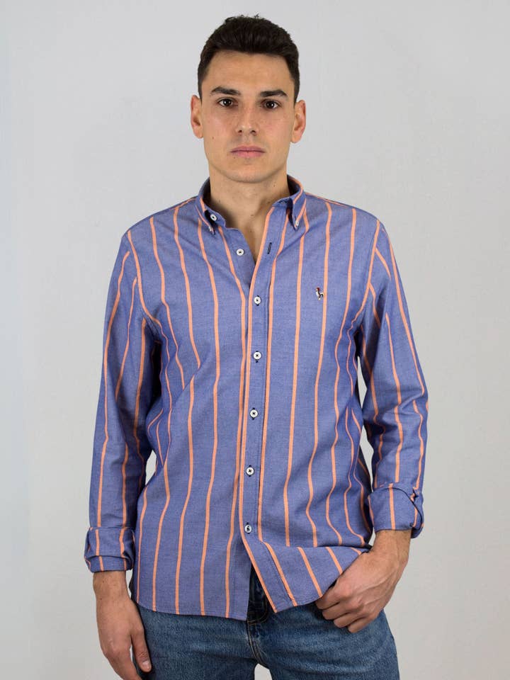 Oxford-Hemd mit orangefarbenem Streifen gewaschen für den Großhandel von Patadegayo