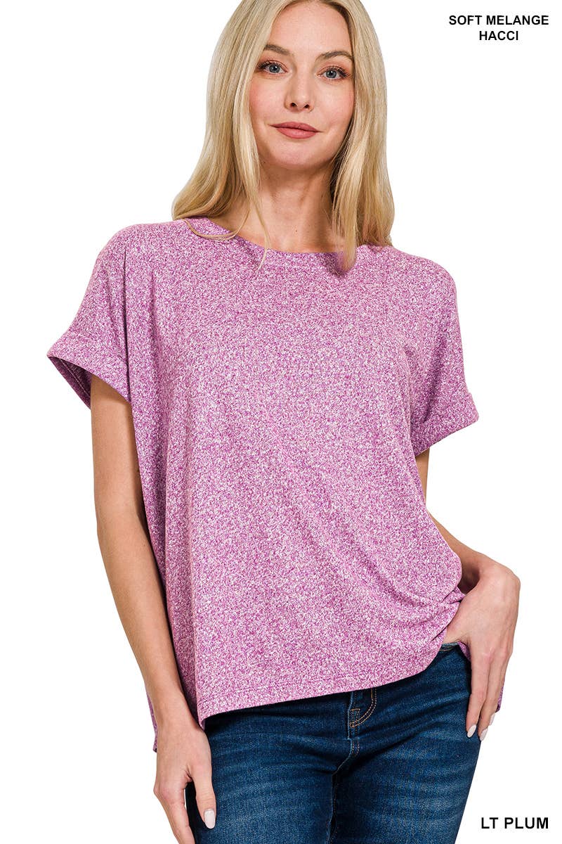 42POPS - Wholesale Knit Top - Women's - `.Soft Melange Folded Sleeve Round Neck Top9