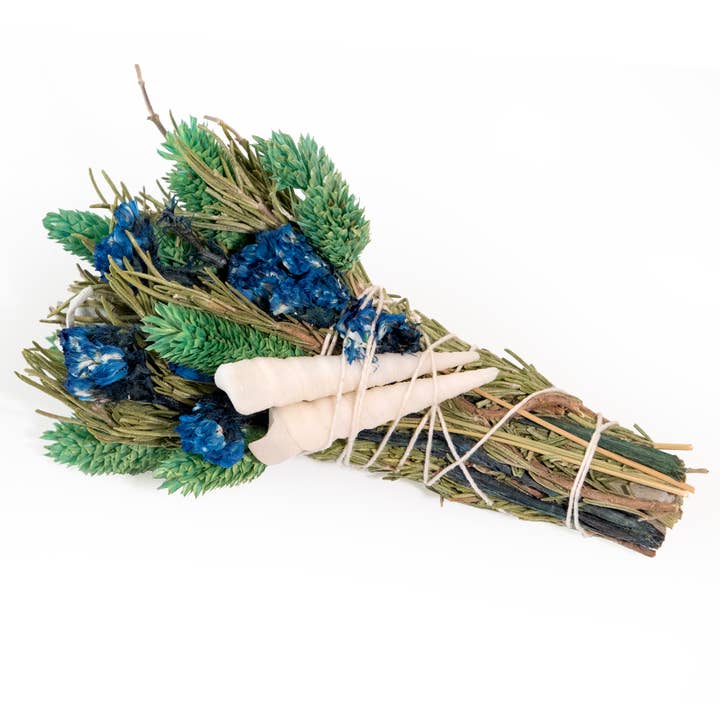 6" Blue & Green Floral & Greenery Smudge Wand with Shells for wholesale by Andaluca
