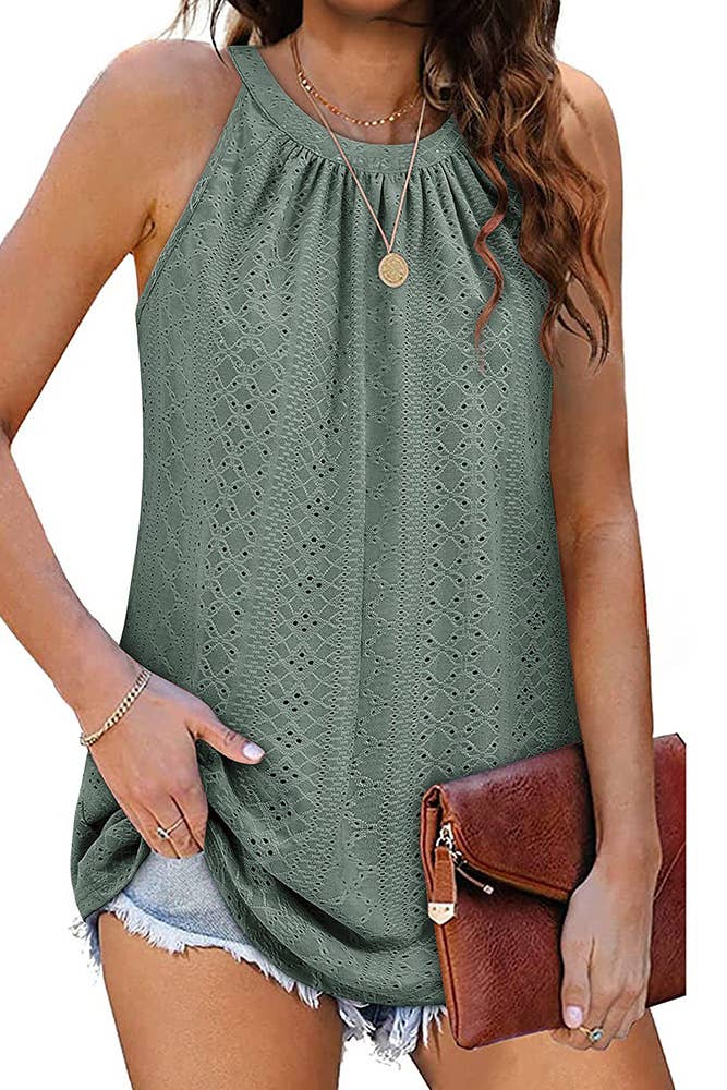 UNISHE - Wholesale Tank Top - Women's - Sleeveless Halter Hollow Out Tank Top ZZKF6833