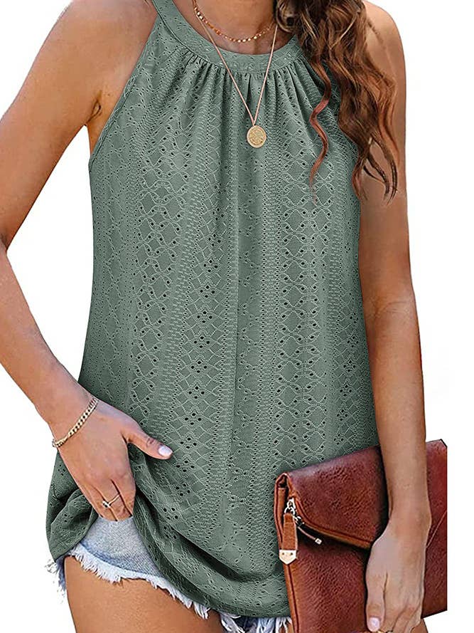 UNISHE - Wholesale Tank Top - Women's - Sleeveless Halter Hollow Out Tank Top ZZKF6833