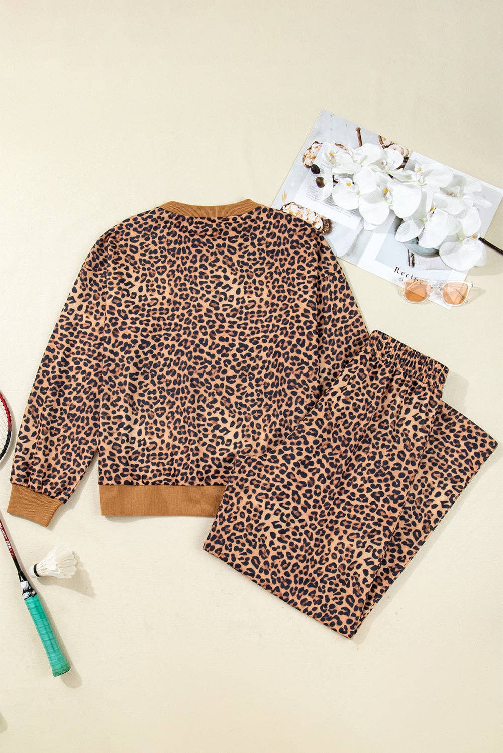 Khaki Leopard Bow Embroidered Pullover and Pants Set for wholesale on Faire6