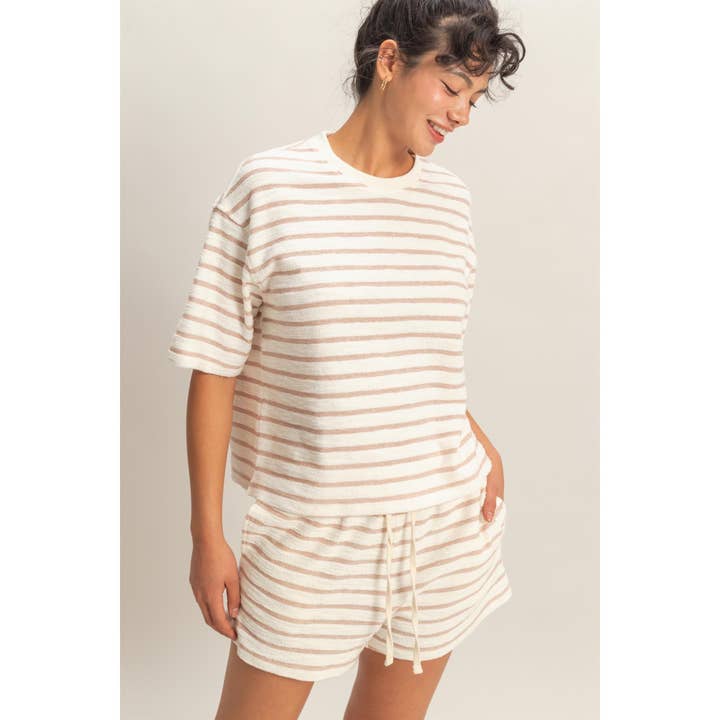 Striped Short Sleeve Terry Crew Neck Top for wholesale by Double Zero