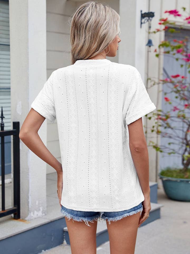 Lovesoft – Großhandel Bluse – Damen – Jacquard V-Ausschnitt Kurzarm Lockeres T-Shirt