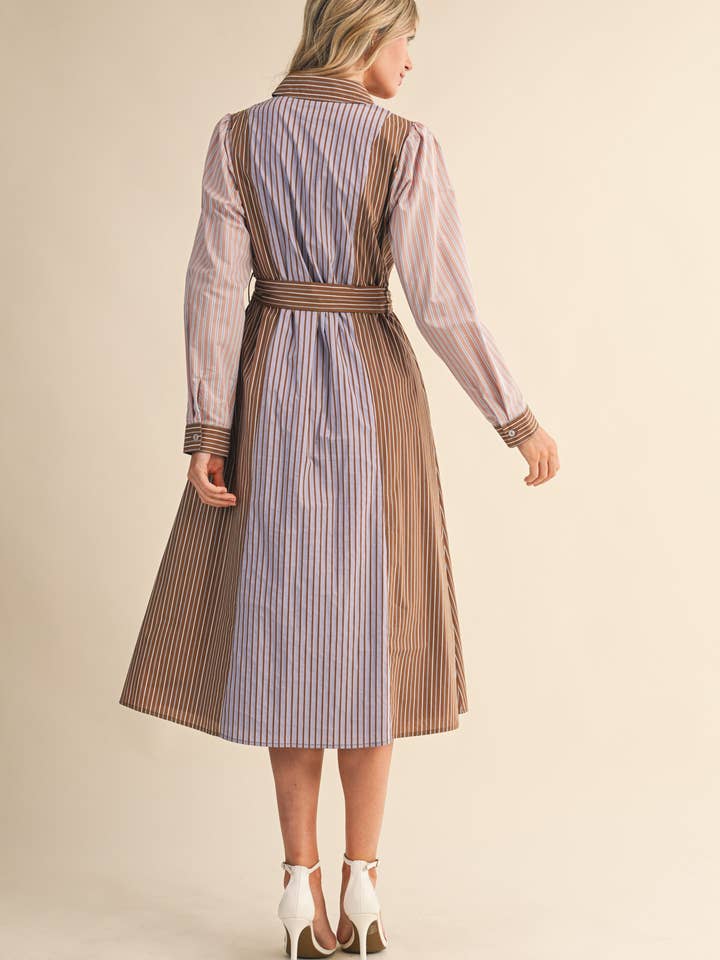 COCOA BLUE MULTI MIXED STRIPE BELTED BUTTON DOWN MIDI DRESS MDR4303 for wholesale on Faire10