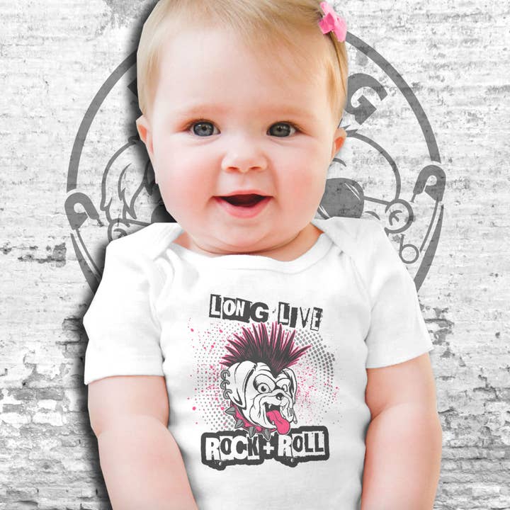 Long Live Rock and Roll Short Sleeve Baby Bodysuit/Onesie for wholesale by Raging Rascals