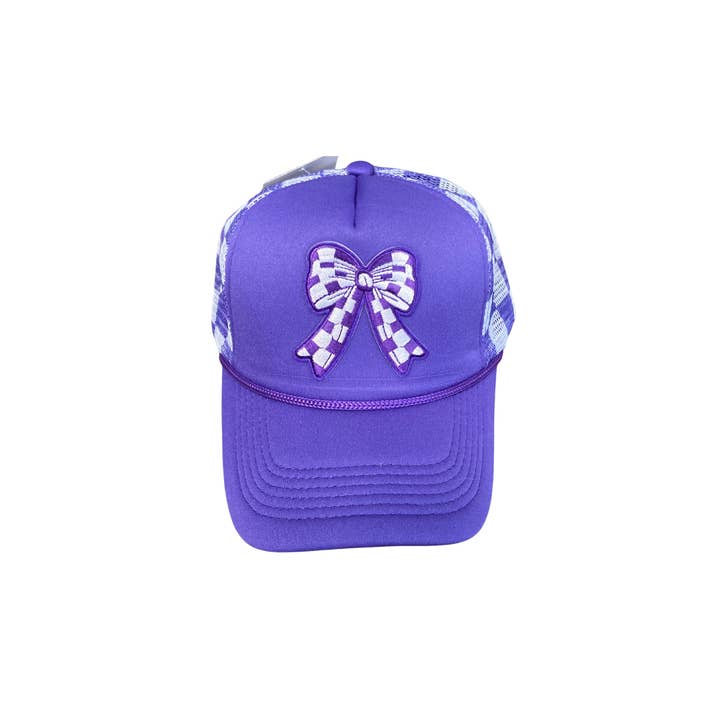 Valois Designs - Vendita all'ingrosso Cappellino da camionista - Donna - Cappello Trucker a Quadretti con Fiocco Viola - Giorno della Partita