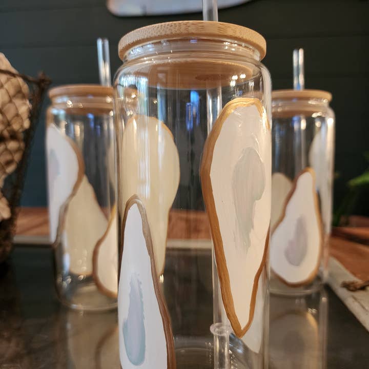 handmålad ostron 20 oz burkglas med bambulock och halm för wholesale av Sugarcane Home