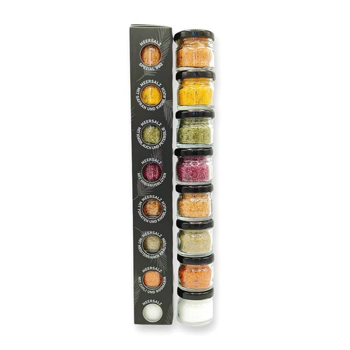 Simply Wood – Großhandel Salz-Pfeffer-Mischung – GlosaMarina Gourmet Salz Set 8*25g Black Edition