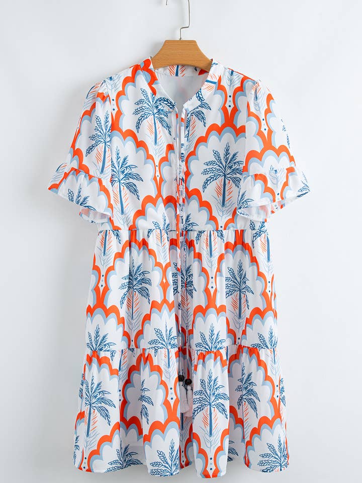 Orange Contrast Palm Tree Printed Short Sleeve Flowy Dress for wholesale on Faire