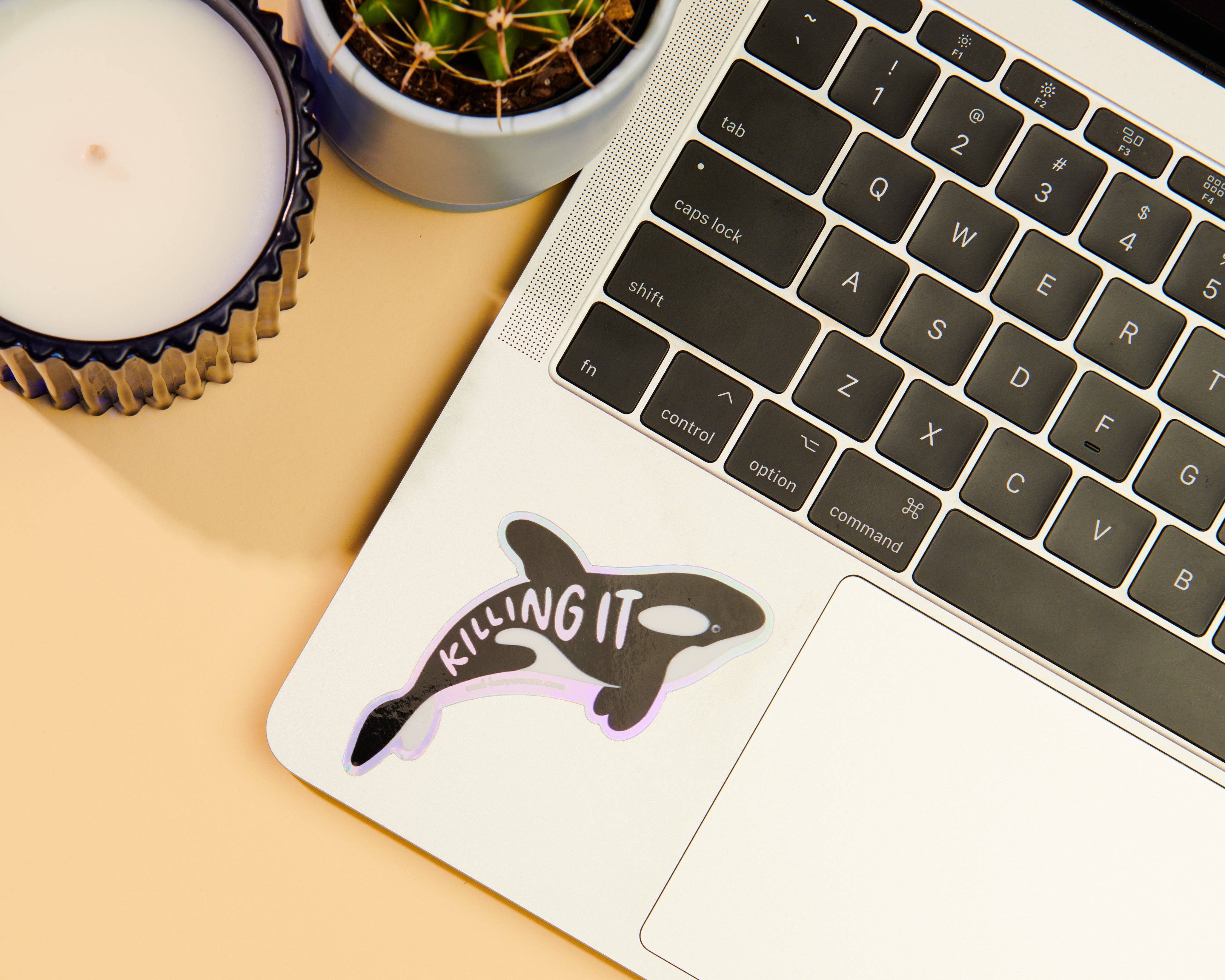 And Here We Are - Wholesale Sticker - Killing It Orca Holographic Vinyl Sticker - Killer Whale Era - Made in USA - - Stocking stuffer, Holiday, Gift Guide 1