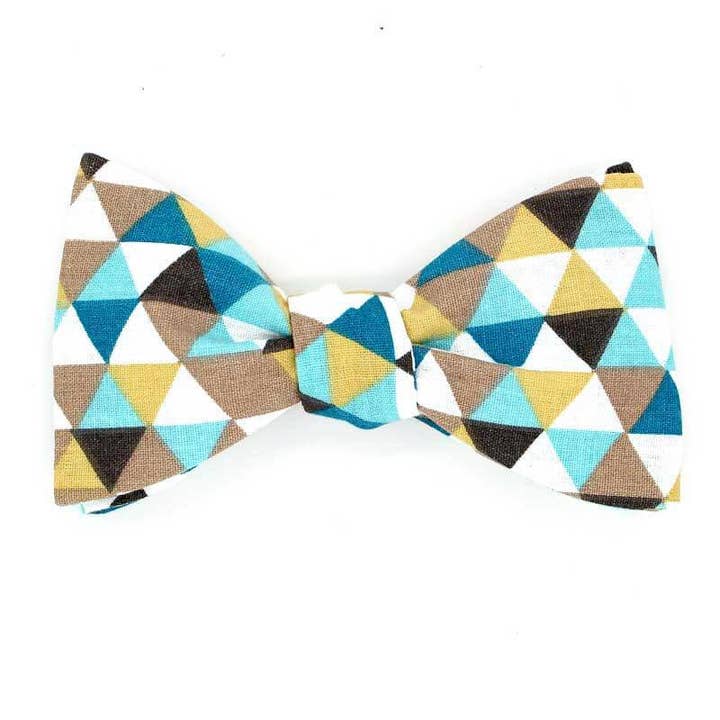 Nœud papillon jaune moutarde, bleu et beige trimix pour la vente par Le Coq en Pap'