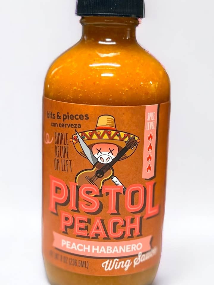 Pistol Peach Pfirsich-Habanero Wingsauce für den Großhandel von Bits & Pieces con cerveza