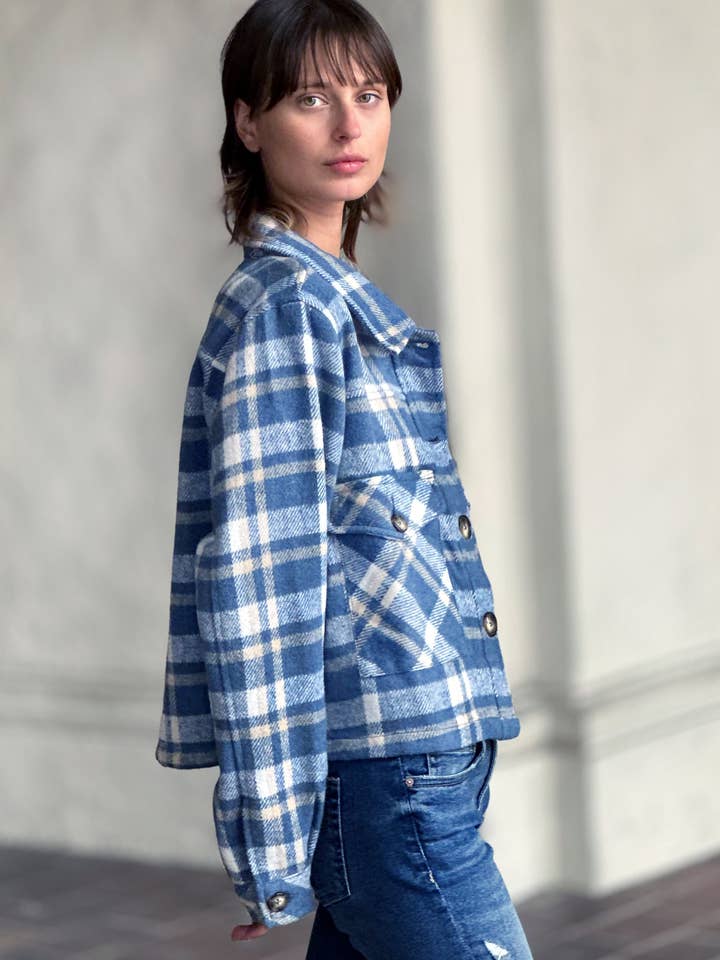 Honey Blue Plaid Outland Jacket for wholesale on Faire