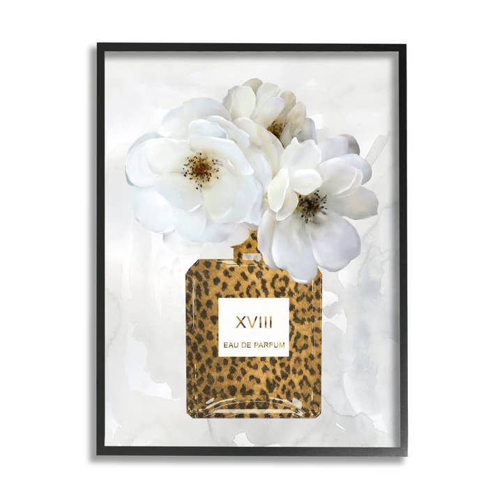 Leopard Print Perfume Bottle Glam Spring Florals Framed Art for wholesale by Stupell Industries