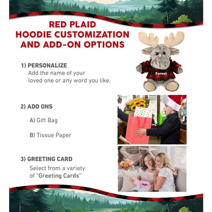 Cota Global - Wholesale Stuffed/Plush Toy - Kids & Baby - Plush Red Plaid Hoodie - Super-Soft Plush - Sitting Moose1