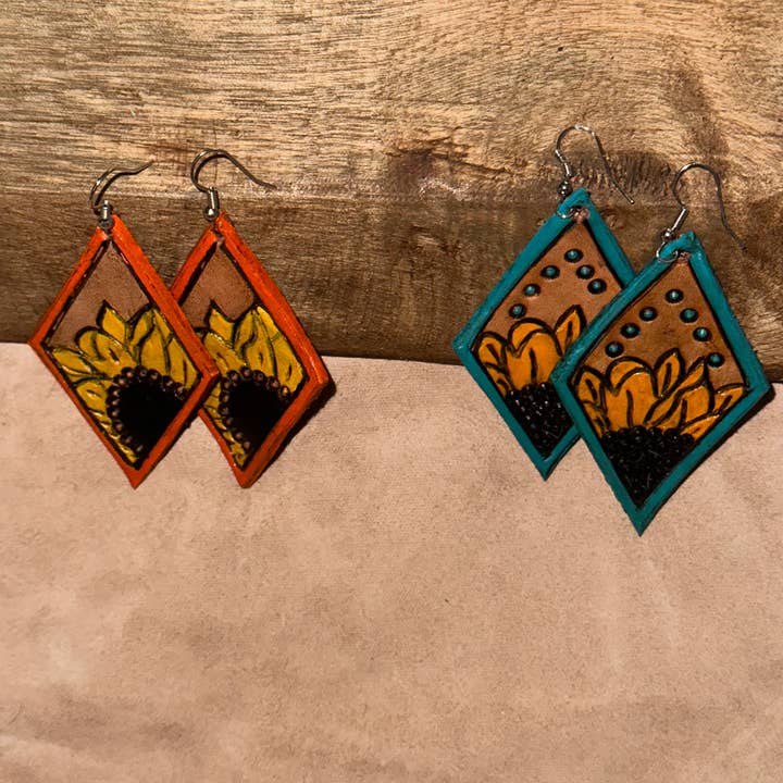 Handmade Sunflower Leather Western Tooled Earrings for wholesale by Southern Belles and Shotgun Shells