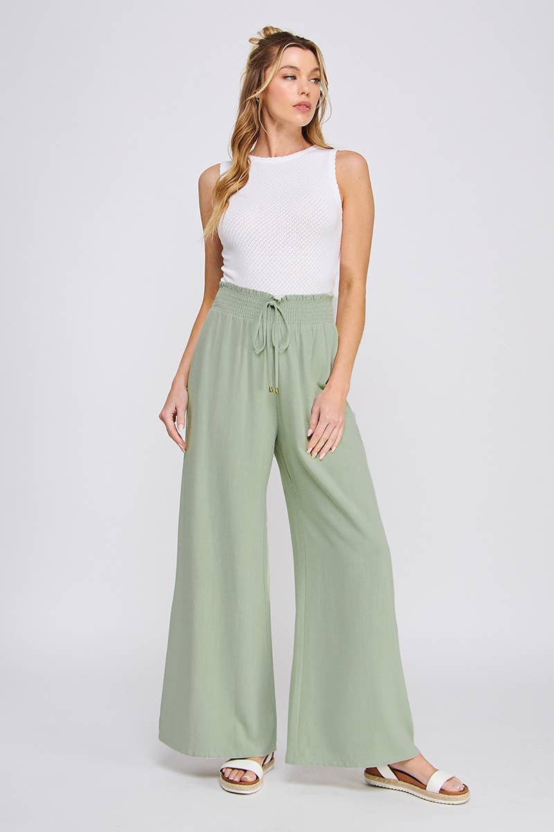 Allie Rose - Wholesale Pants - Women's - Soft Linen Smocked Waist Wide Leg Pants8