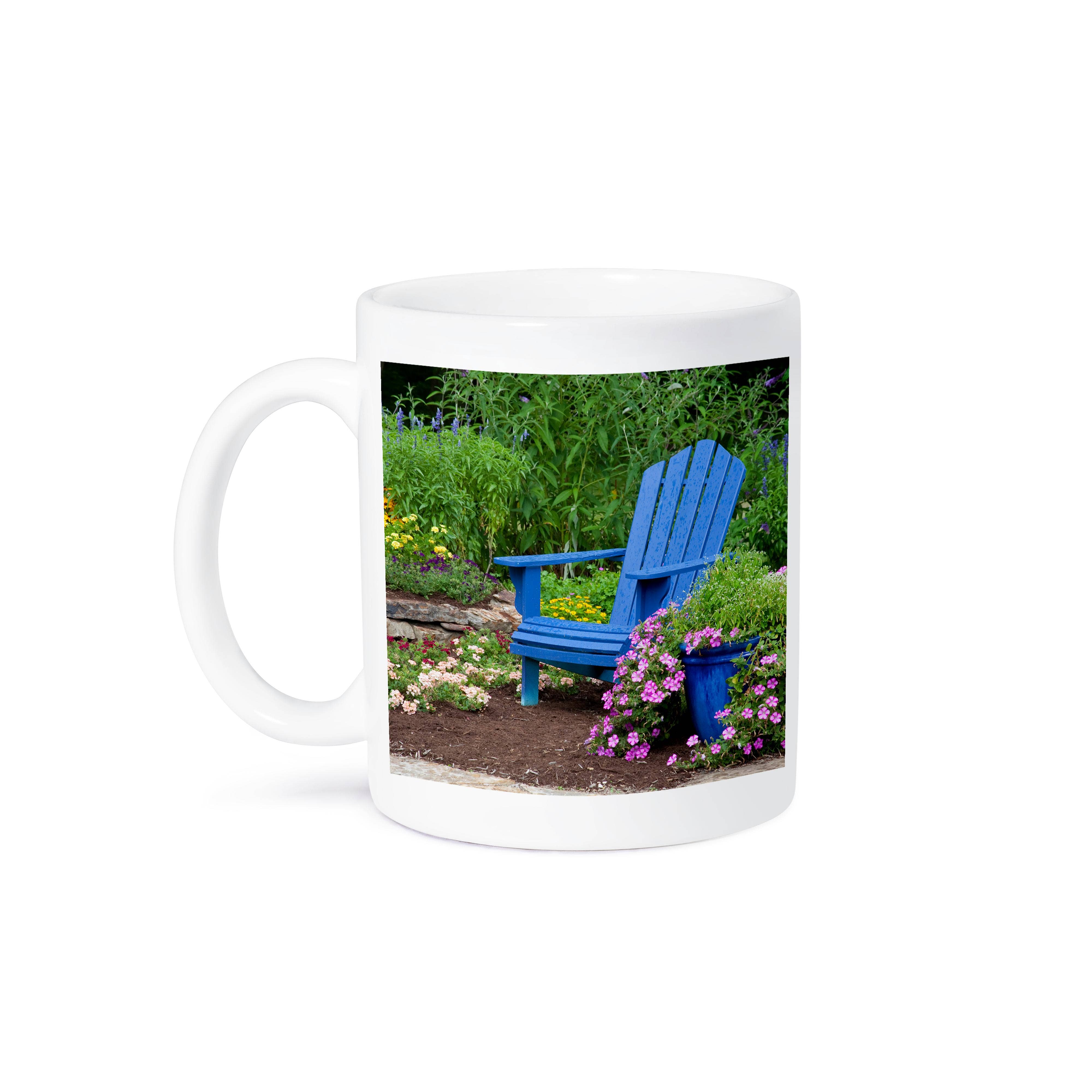 3dRose - Wholesale Coffee Mug - 3dRose, Flower garden with blue Adirondack chair and pot of flowers, Mug8