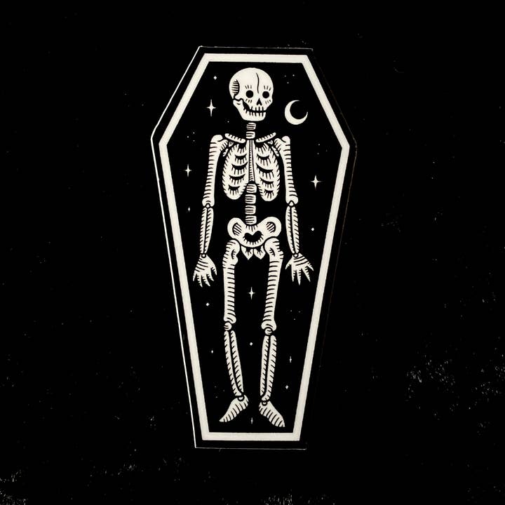 Skeleton in Coffin Sticker: Waterproof, Spooky Whimsical Art for wholesale by Soni Graves