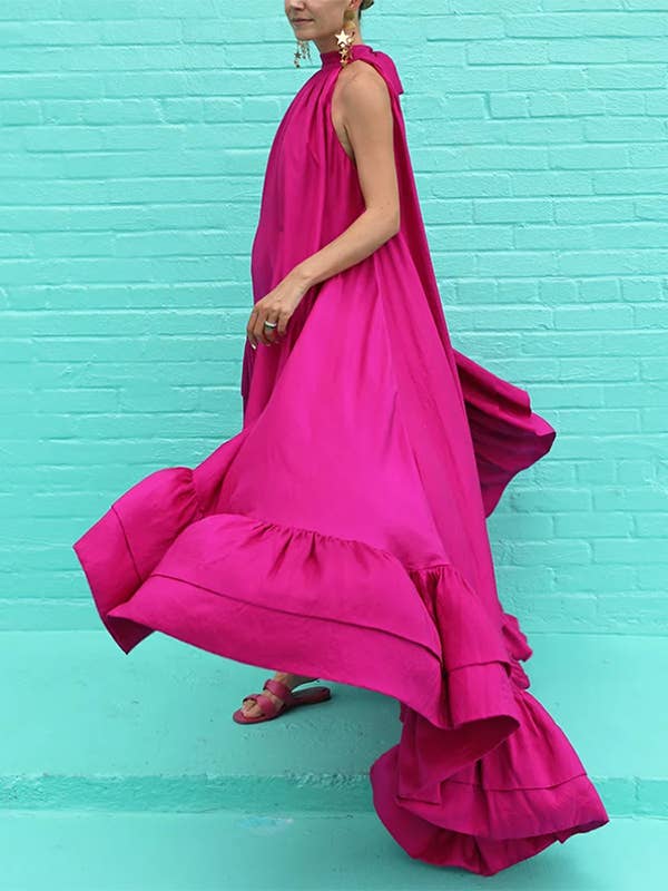PINK Falbala Stand Collar Maxi Dress for wholesale on Faire