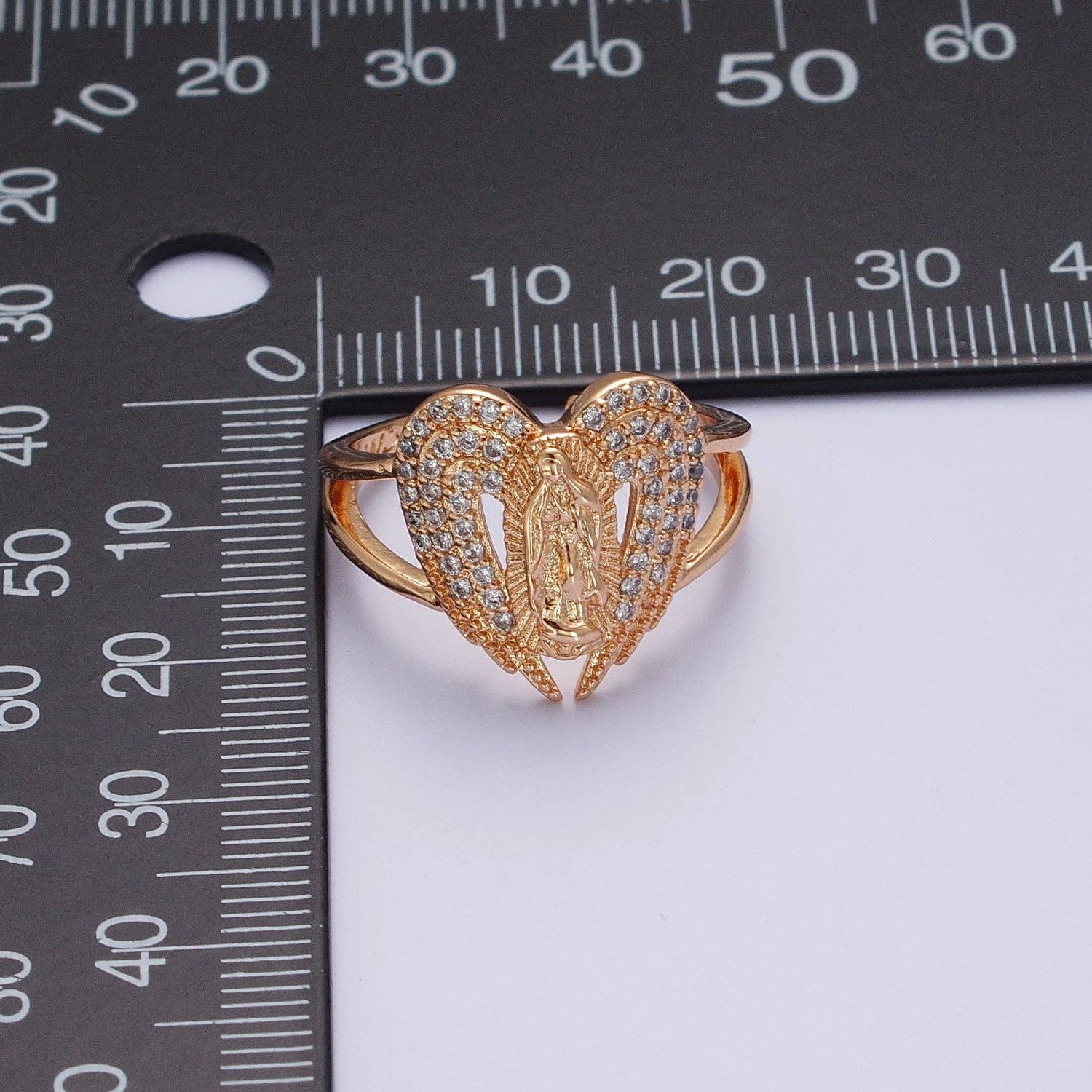 Aim Eternal - Wholesale Multi-Stone Ring - Micro Pave Gold Vintage Lady Guadalupe Ring with Angel Wing for Statement Religious Jewelry V-049