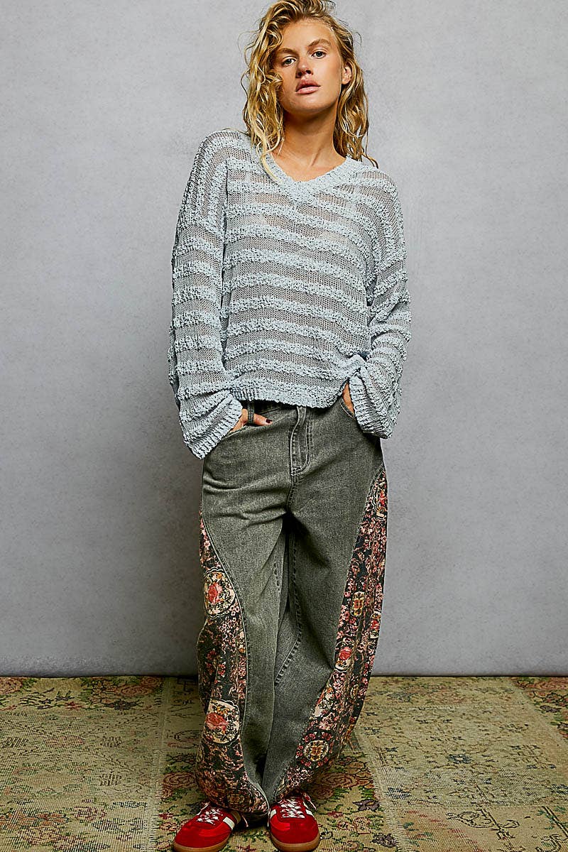 Pol Clothing - Wholesale Knit Sweater - Women's - V Neck Long Sleeve Striped Knit Acrylic Thin Sweater SALE6