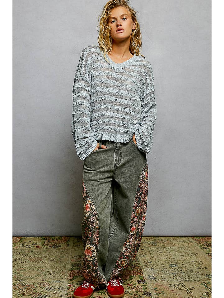 Pol Clothing - Wholesale Knit Sweater - Women's - V Neck Long Sleeve Striped Knit Acrylic Thin Sweater SALE6