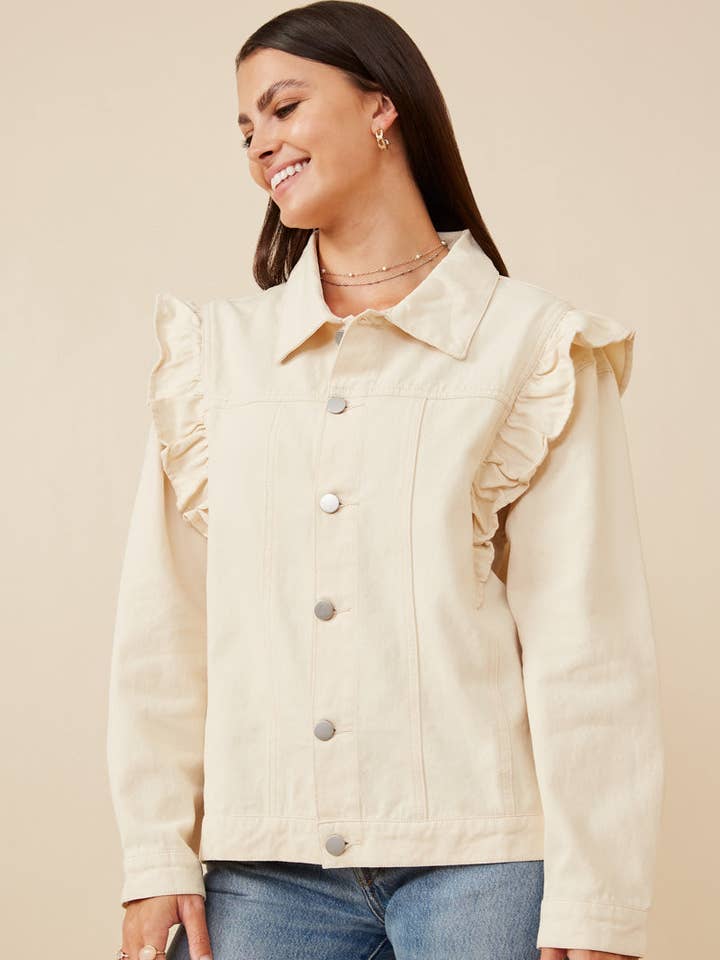 Womens Ruffled Shoulder Twill Jacket for wholesale by Hayden LA