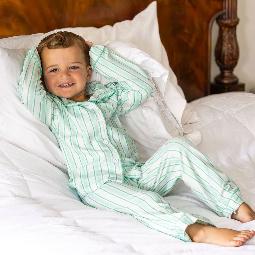 Sugar Bee Clothing - Wholesale Sleepwear Set - Kids - Christmas 2025 Pajamas - Button Down - Green Stripe4