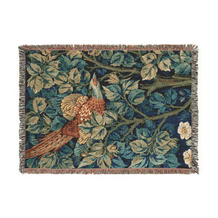 Coperta in cotone intrecciato ispirata a William Morris - Collezione Fagiano e Scoiattolo (Fagiano) per la vendita all'ingrosso da parte di Willy Morris Home Emporium