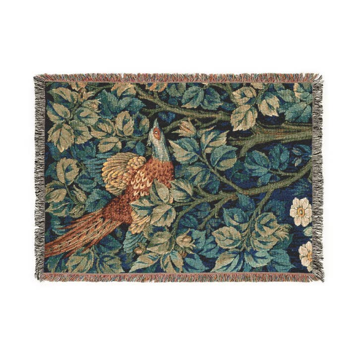Woven Cotton Blanket inspired by William Morris - Pheasant and Squirrel Collection (Pheasant) for wholesale by Willy Morris Home Emporium