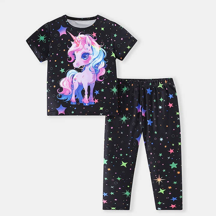 Conjunto de camiseta de manga corta con estampado de unicornio y pantalones largos para niños. para venta al por mayor de The Find Peaks