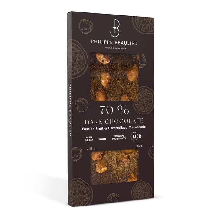 Philippe Beaulieu Artisan Chocolatier - Wholesale Chocolate Bar - 70% Dark chocolate bar Passionfruit & Caramelized Macadamia1