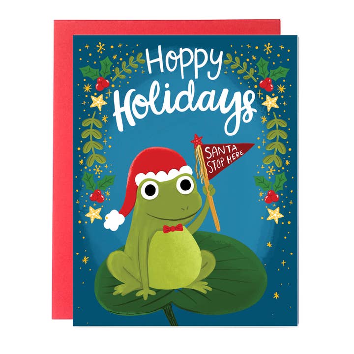 Hoppy Holidays Frog Christmas Card for wholesale by Fox Card Co