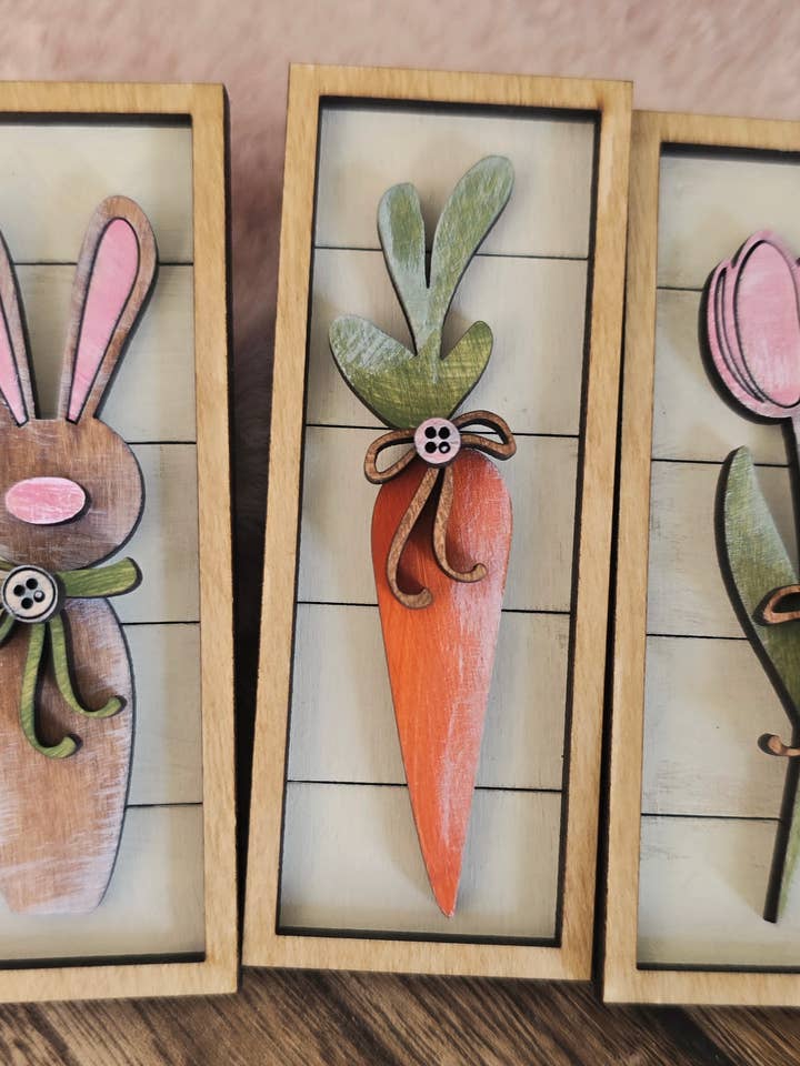 Hand Painted Spring Magnet Set/ Tulip/ Bunny/ Carrot for wholesale by Silver Birch Designs Jewelry